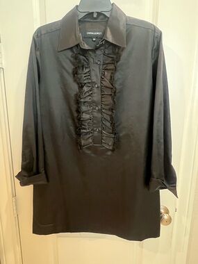 Cynthia Rowley Black Satin Ruffle-Front Blouse dress.